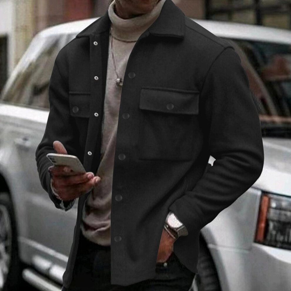 Manteau veste cardigan boutonn?? homme hiver chaud fin revers pour v??tements d'-Noir-M