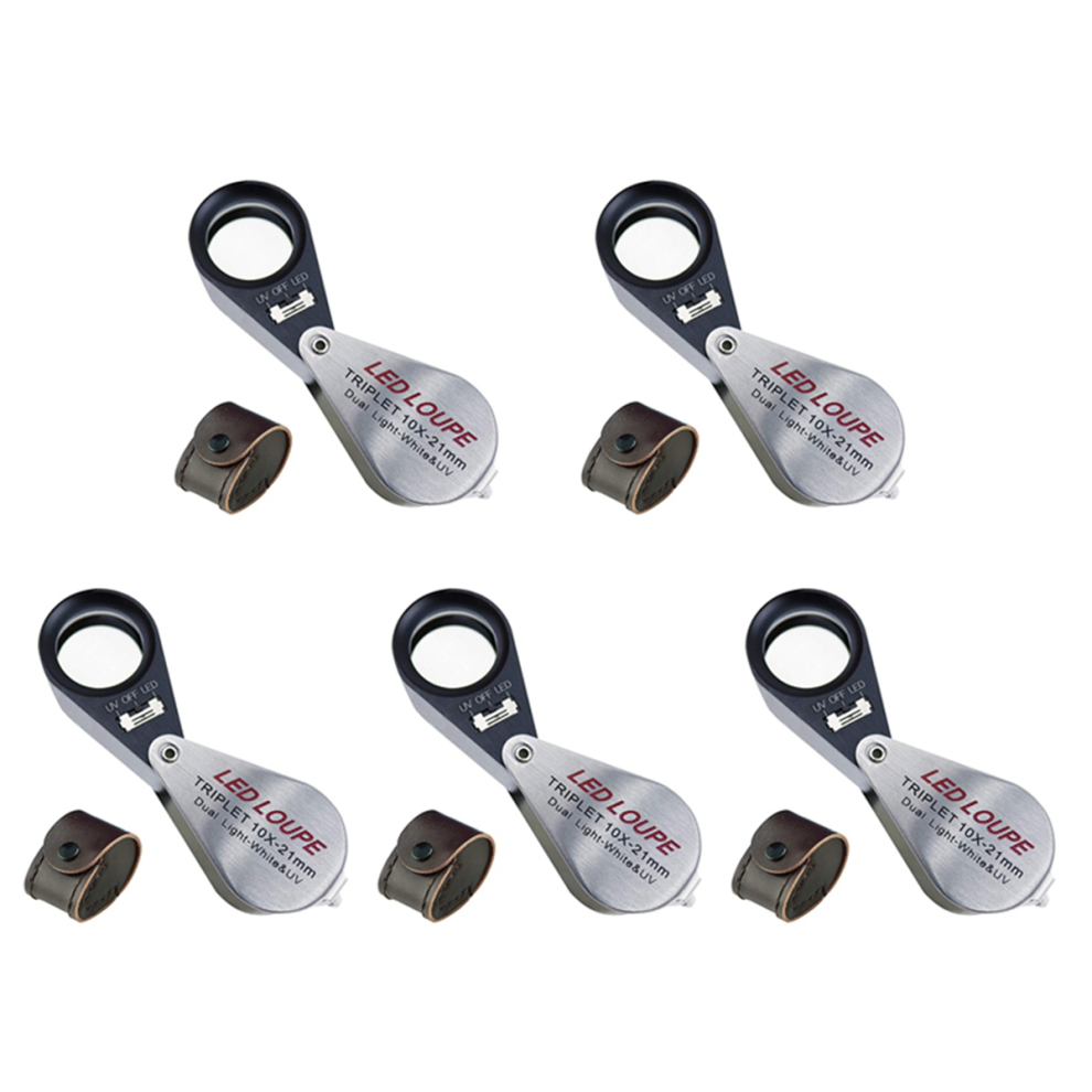 Tlily Light 5Pcs 10X Magnification Jeweler Loupe Triplet Lens Magnifier With 6 Led Uv 21Mm For Gems, Jewelry, Coins, Stamps