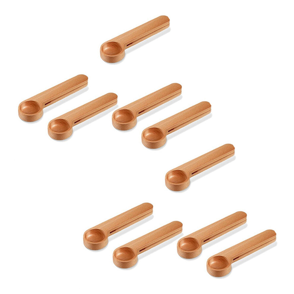 10 Pcs Wooden Coffee Scoop and Bag Clip Measure Spoon 2-In-1 Bags Sealer Measuring Spoon for Beans,Espresso Coffee,Tea