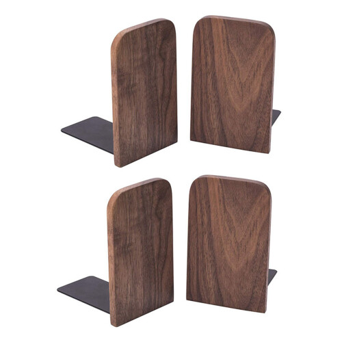 4Pcs Wooden Bookends with Metal Base Heavy Duty Black Walnut Book Stand with Anti-Skid Dots for Office Desktop