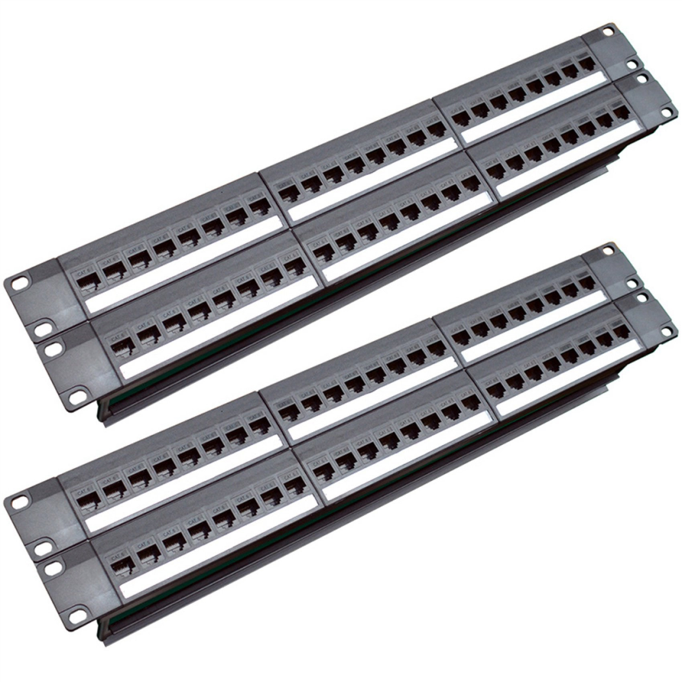 2X 19Inch 1U Cabinet Rack Pass-Through 24 Port CAT6 Patch Panel RJ45 Cable Adapter Jack Modular Frame