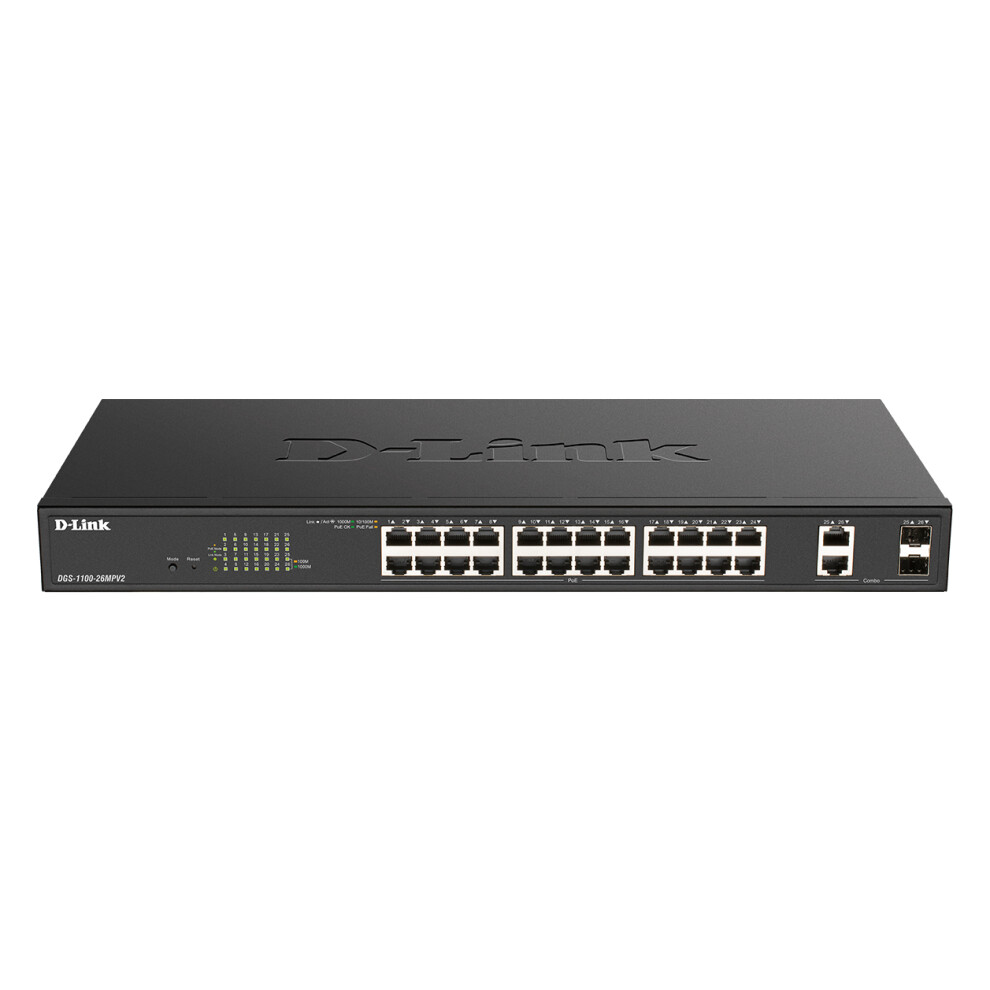 D-Link DGS 1100-26MPV2 - Switch - smart - 24 x 10/100/1000 (PoE+) + 2 x combo Gigabit SFP - rack-mountable - PoE+ (370 W