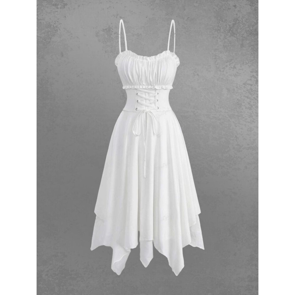 (white, 2XL) Rosegal Gothic Ruched Bust Lace Up Solid Asymmetric A Line Cami Dress