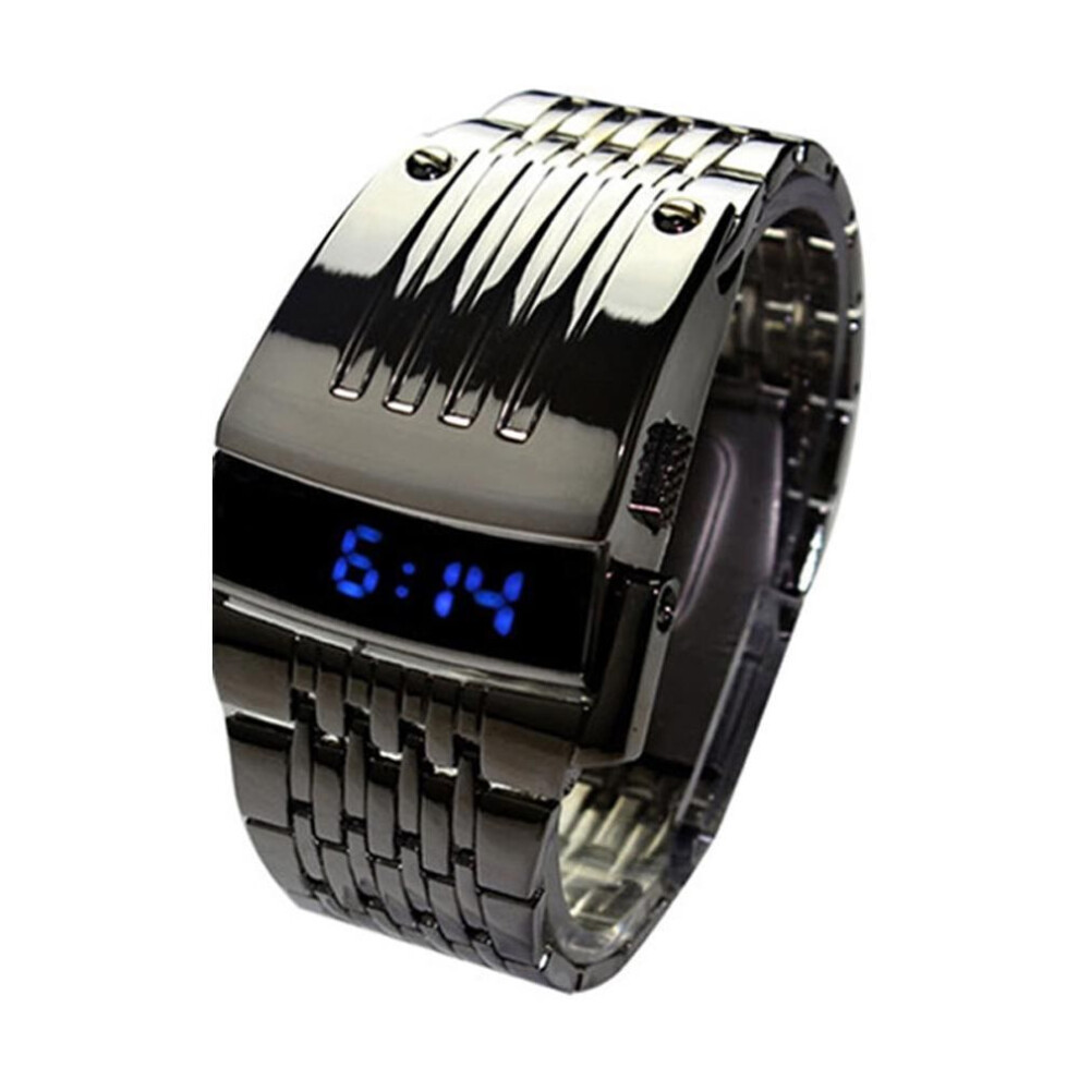 (black) Yousheng LED Display Wide Stainless Steel Fashion Blue Band Men Digital Wrist Watch Gift