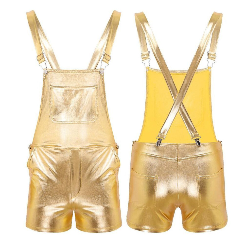 (M, gold) Mens Adult Shiny Metallic Adjustable Shoulder Straps Bib Overall Suspender Shorts Jumpsuit