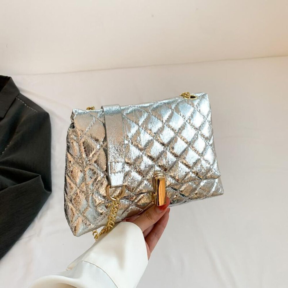 (silver, 22x8x15cm) Yogodlns Luxury Laser Design Chevron Quilted Shoulder Bag Women&apos;s High Quality Embroidered Thread Pu Leather Crossbody Messenger Bag