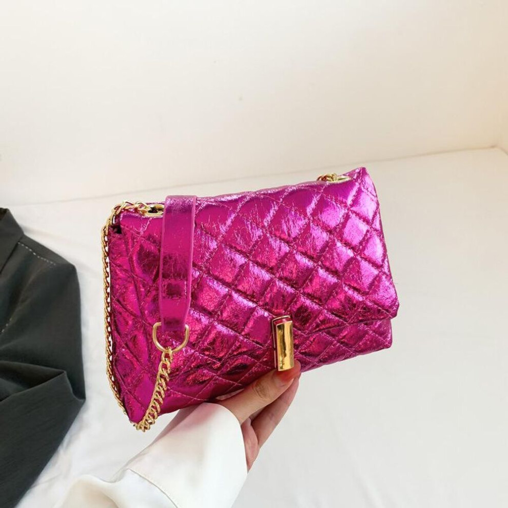 (hot pink, 22x8x15cm) Yogodlns Luxury Laser Design Chevron Quilted Shoulder Bag Women&apos;s High Quality Embroidered Thread PU Leather Crossbody Messenger Bag