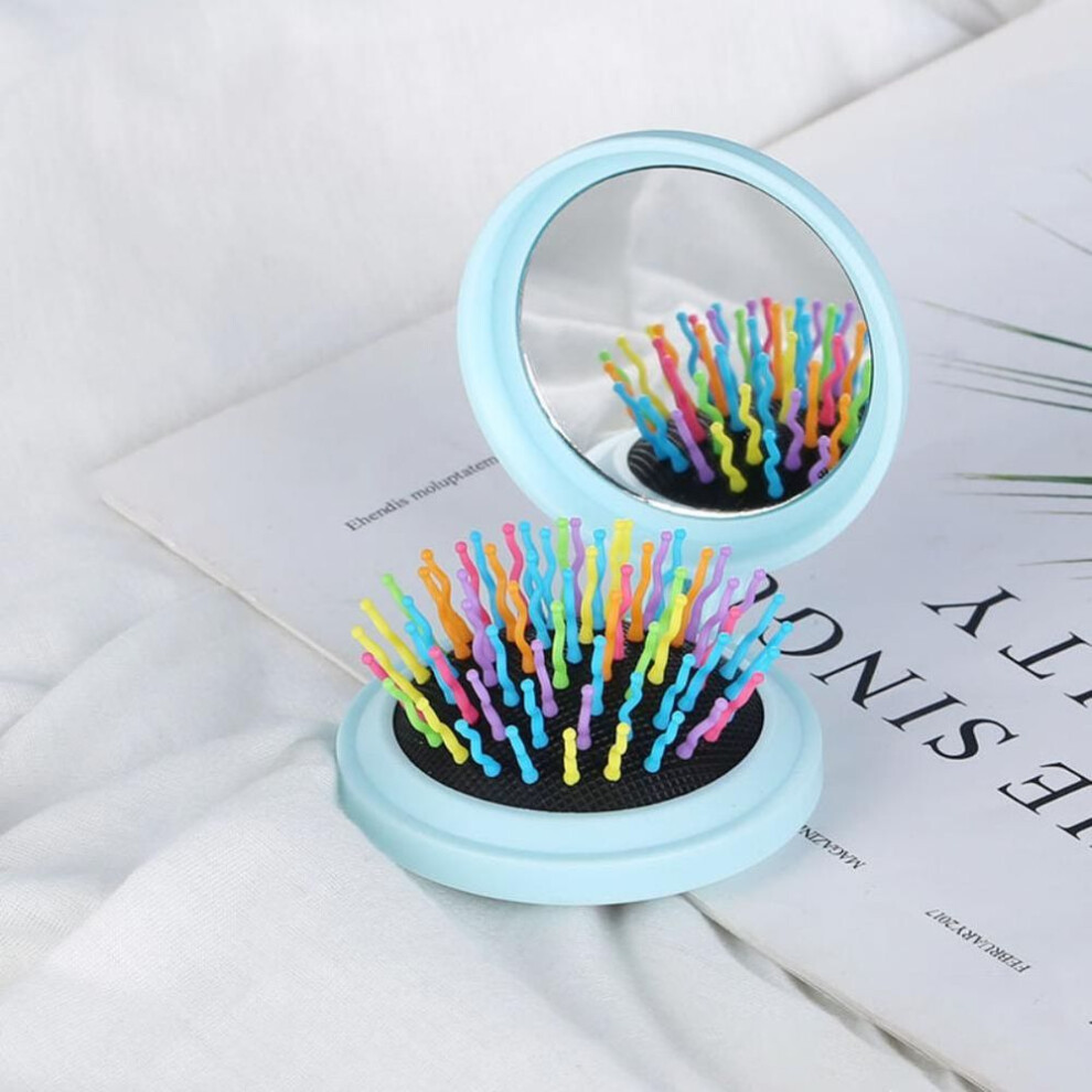 (light blue) Travel Hair Brush Folding Mirror Mini Pop Up Hairbrush Set Pocket Brush Hair Massage Comb