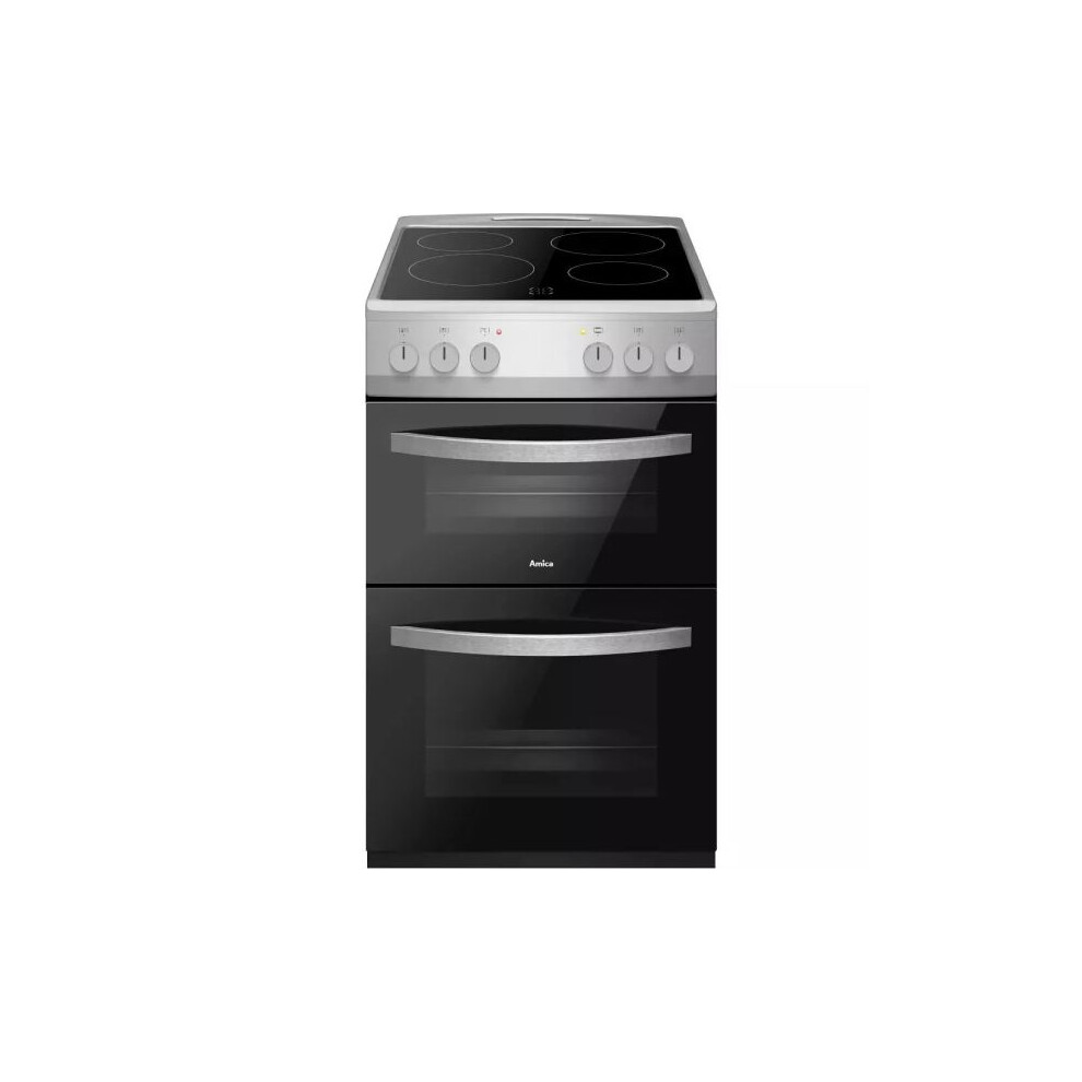 Amica Afc502ss 50Cm Ceramic Cooker: Double Oven (64L + 41L), 4-Zone Ceramic Hob, Steam Clean, A/A Energy Silver
