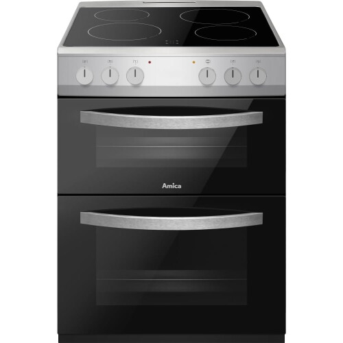 Amica AFC602SS 60cm Ceramic Electric Cooker with Double Oven, A Rated - Silver