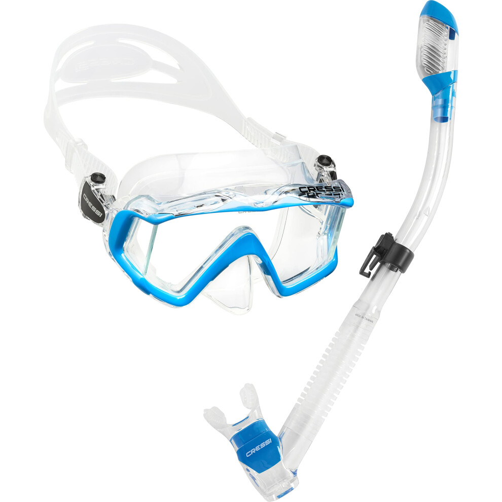 Cressi Blue Panoramic Wide View Mask With Dry Snorkel Set, Clear