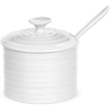 Portmeirion Sophie Conran White Conserve Pot with Spoon | 4.5 Inch Condiment Jar with Lid for Serving Jam, Sugar, and Sauces | Made from Fine Porcela