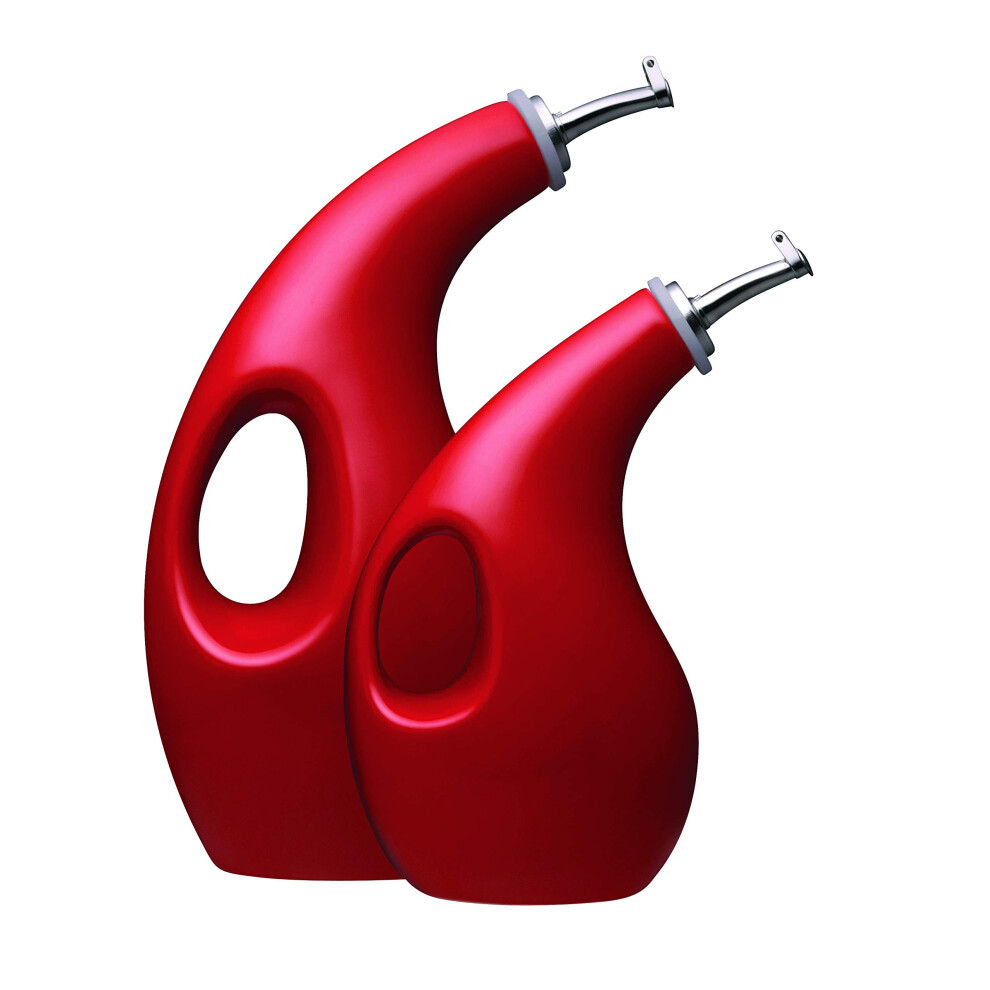 Rachael Ray Solid Glaze Ceramics EVOO Olive Oil Bottle Dispenser with Spout Set 2 Piece Red