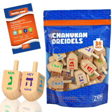 Zion Judaica Wood Dreidels Medium St?rret Bulk Pack Tr? Hanukkah Dreidles i Ziplock Bag Chanukah Fun Game (30 Pack)