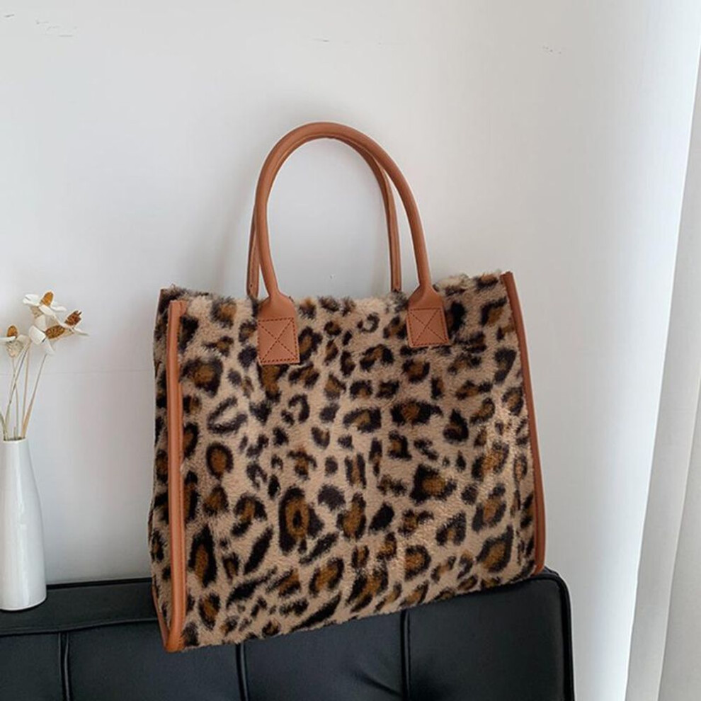 (leopard, 34x13x27.5cm) Yogodlns Women Winter Warm Soft Plush Shoulder Bag Fashion Leopard Cow Pattern Faux Fur Shopper Totes Large Capacity Handbag