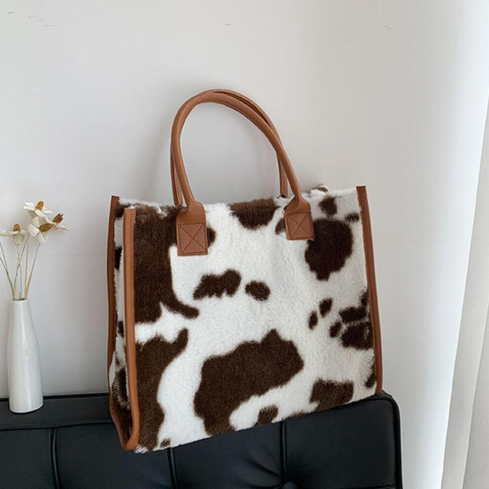 (brown, 34x13x27.5cm) Yogodlns Women Winter Warm Soft Plush Shoulder Bag Fashion Leopard Cow Pattern Faux Fur Shopper Totes Large Capacity Handbag