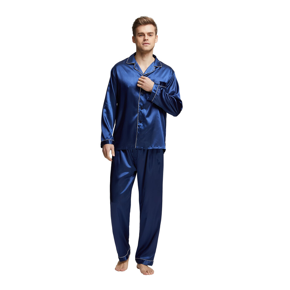 Tony & Candice Hommes - Pyjama classique en satin - Vêtements de nuit (Large Blue with White Piping)