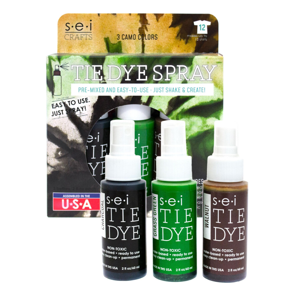 S.E.I. Camo Tie Dye Kit 3 Pack: PreMixed Spray Tie Dye Kit  EasytoUse  NonToxic Fabric Dye in Grass Green  Walnut  and Charcoal  Shake a