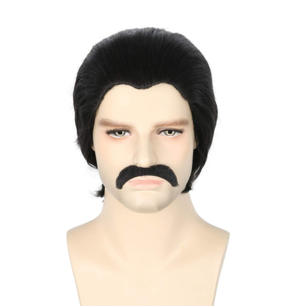 Topcosplay Perruques pour hommes Perruque courte noire de cosplay pour Halloween Perruque à dos lissé avec moustache