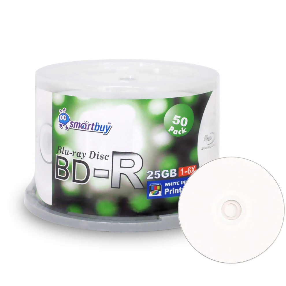 Smartbuy 50-Disc 25Gb 6X Bd-R Bdr Blu-Ray Single Layer Inkjet Hub Printable Blank Data Recordable Media Disc With Cakebox/Spindle Packing White 758418816217