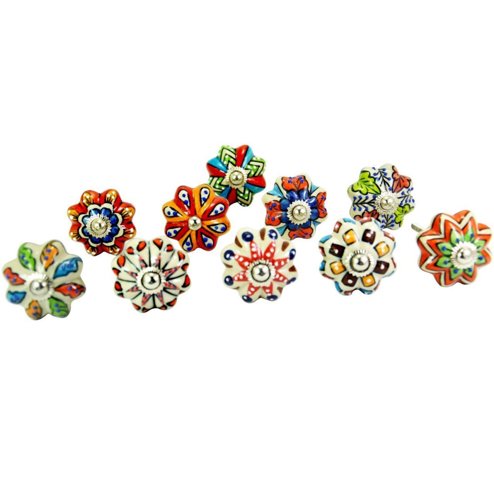 DORPMARKET Set of 10 Vintage Color Multi Design Ceramic Cupboard Cabinet Door Knobs Drawer Pulls & Chrome Hardware