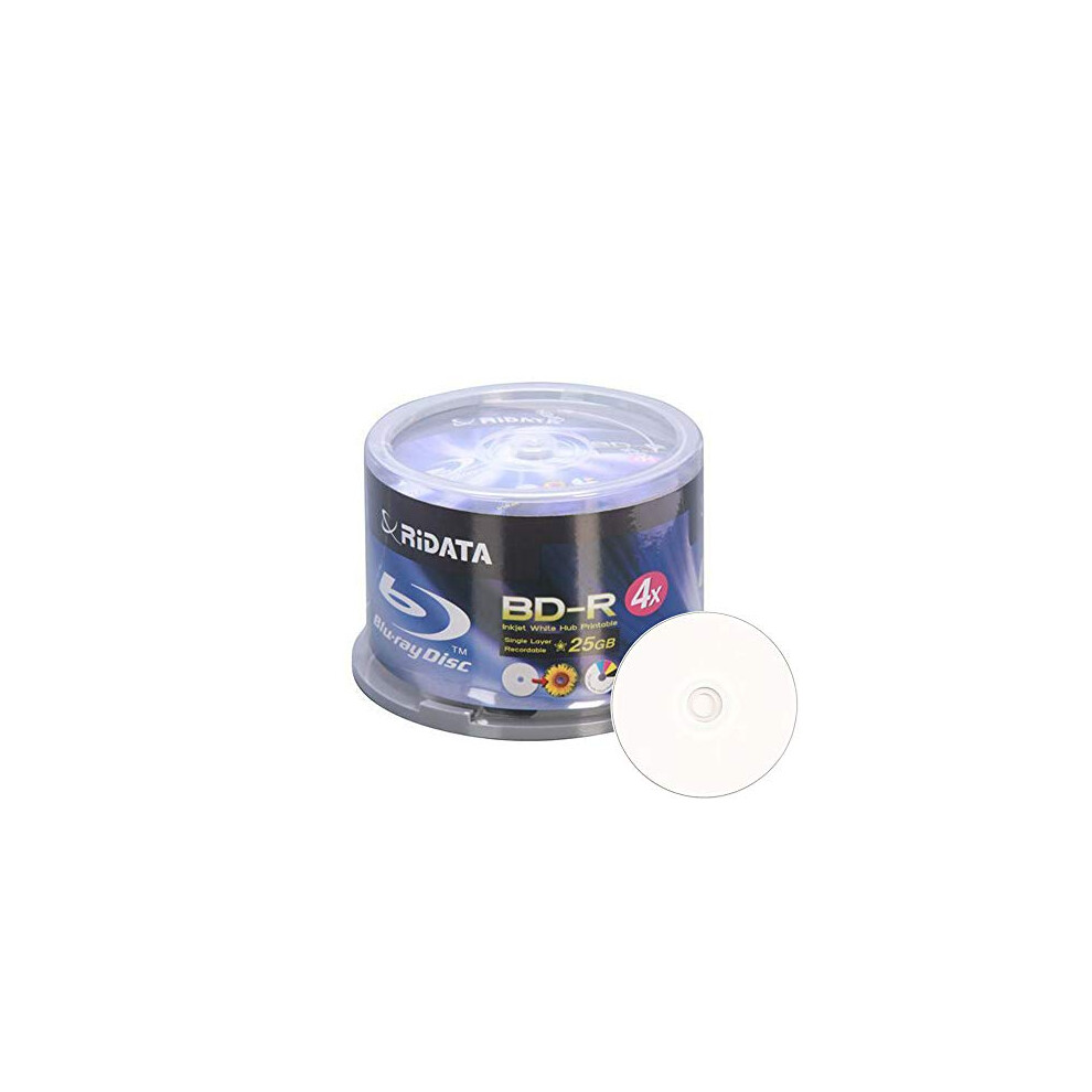 Ritek Ridata Blu-Ray (Bd-R) Inkjet Hub Printable 4X Bd-R Media 25Gb 50 Pack In Cake Box (Bdr-254-Rdiwn-Cb50) White 846122035670