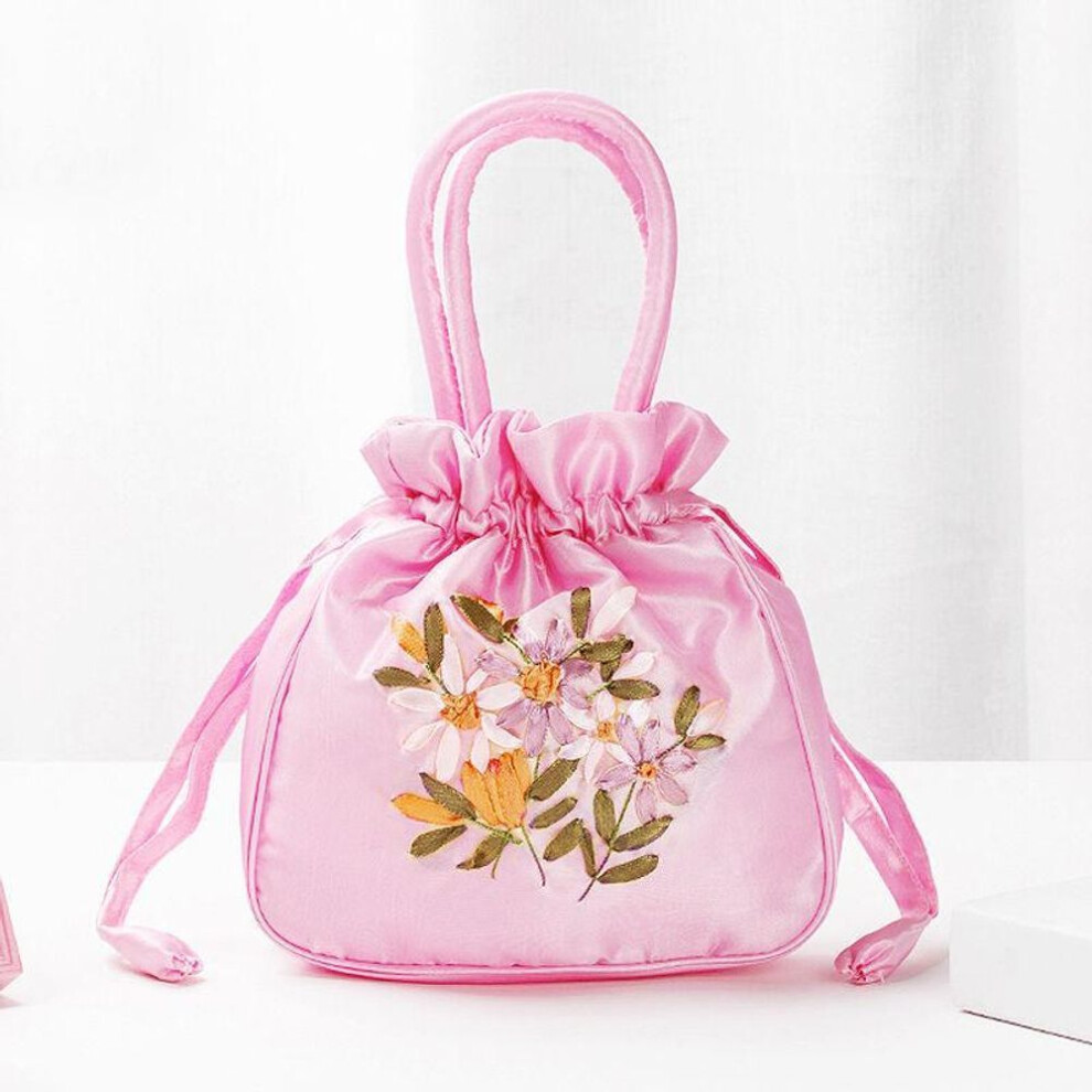 (light pink, 19x6x19cm) Yogodlns Retro Embroidery Drawstrings Handbags Storage Bags Women Purse Wallets Card Holder Bucket Shoulder Bag Wrist Bags