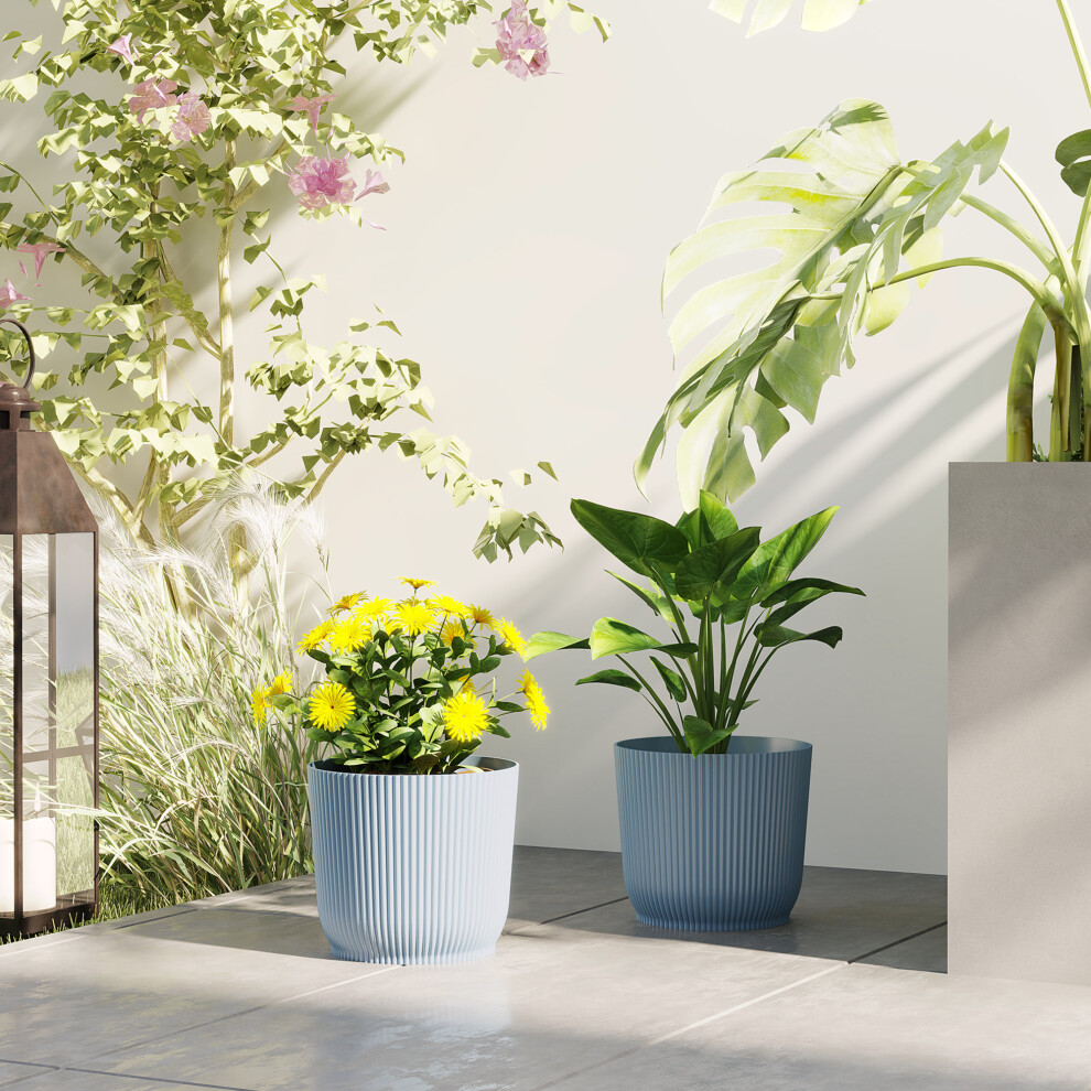 Outsunny Set Of 2 Round Plant Pots Outdoor 22Cm For Garden Decoration, Blue