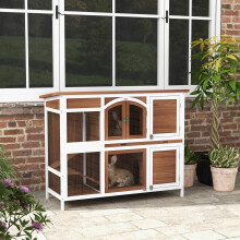 PawHut Rabbit Hutch, Guinea Pig Hutch 2-Tier Wooden Cage w/ Ramp Roof, Brown