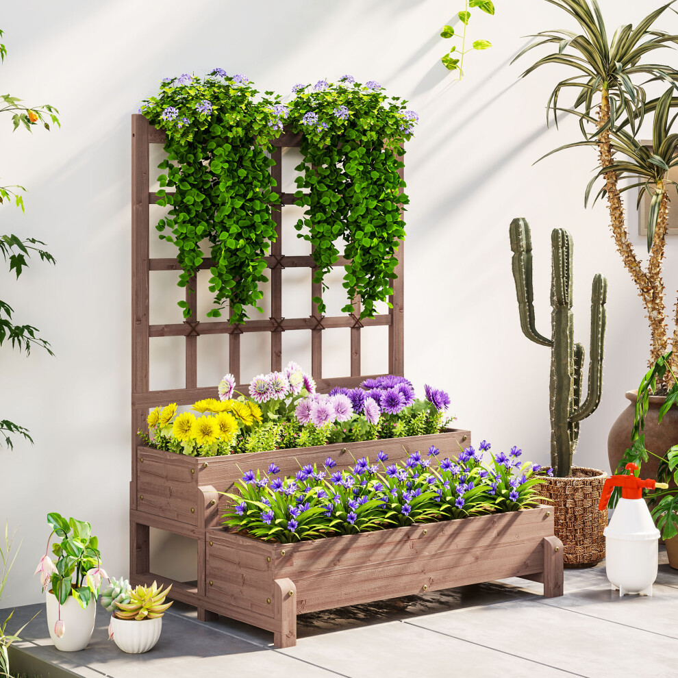 Outsunny 2-Tier Wooden Raised Bed With Trellis And Drainage Holes, Brown