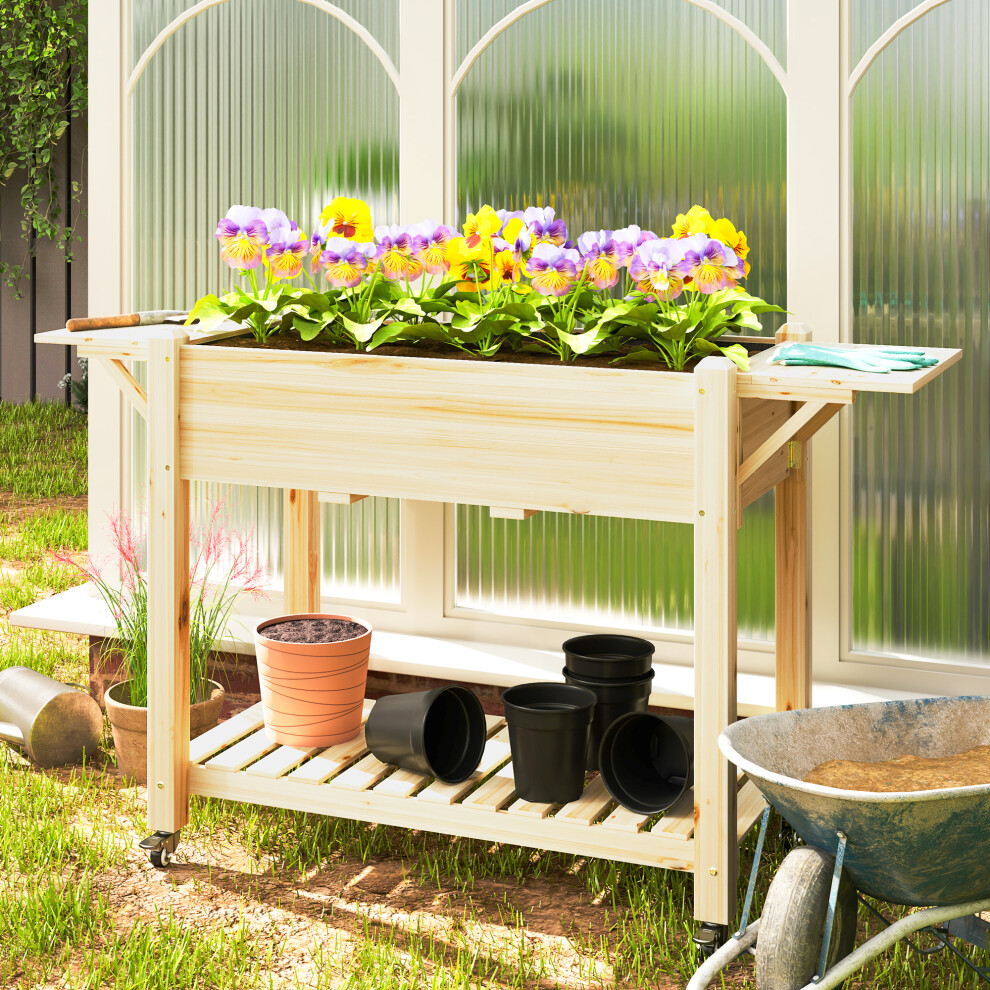 Outsunny Wooden Raised Planter With Lockable Wheels, Liner, Natural