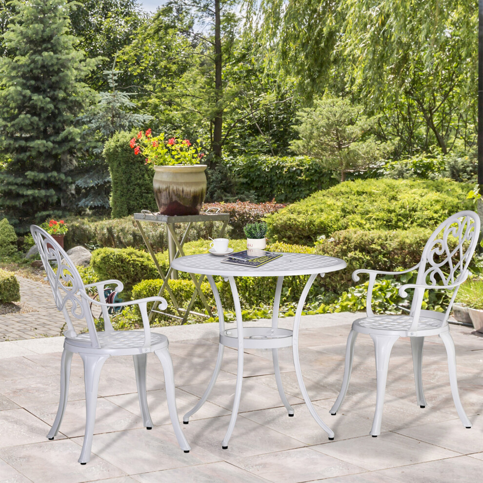 Outsunny 3Pcs Garden Bistro Set Cast Aluminium Round Table With 2 Chairs White