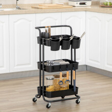HOMCOM 3-Tier Rolling Utility Cart with Baskets & Hooks, Steel Frame, Black 850-165BK
