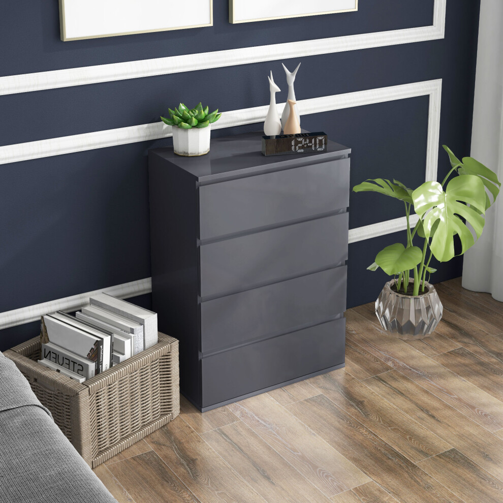 Homcom Bedroom Chest Of Drawers, High Gloss 4 Drawers Dresser, Grey