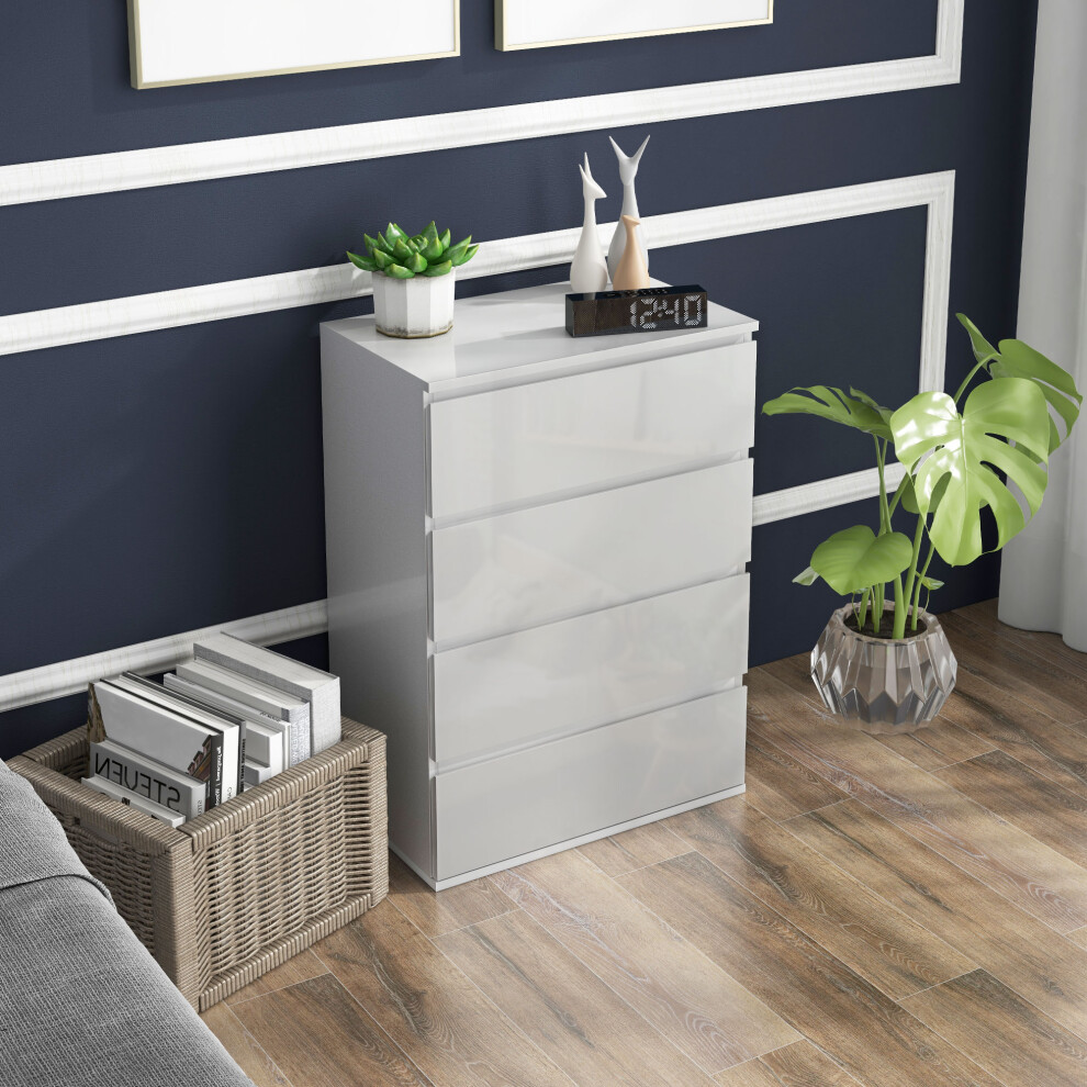Homcom Bedroom Chest Of Drawers, High Gloss 4 Drawers Dresser, White