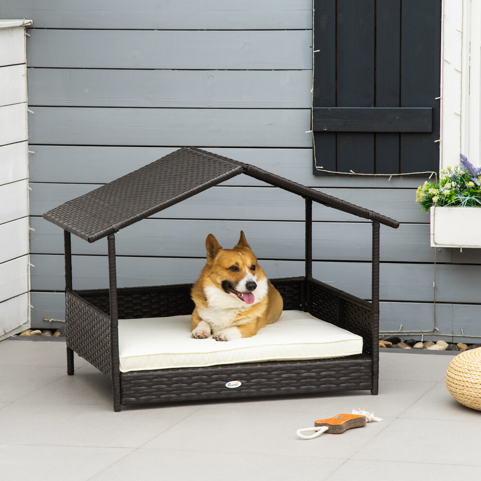 Pawhut Wicker Dog House, Rattan Pet Bed With Soft Cushion, Cat Basket - Cream
