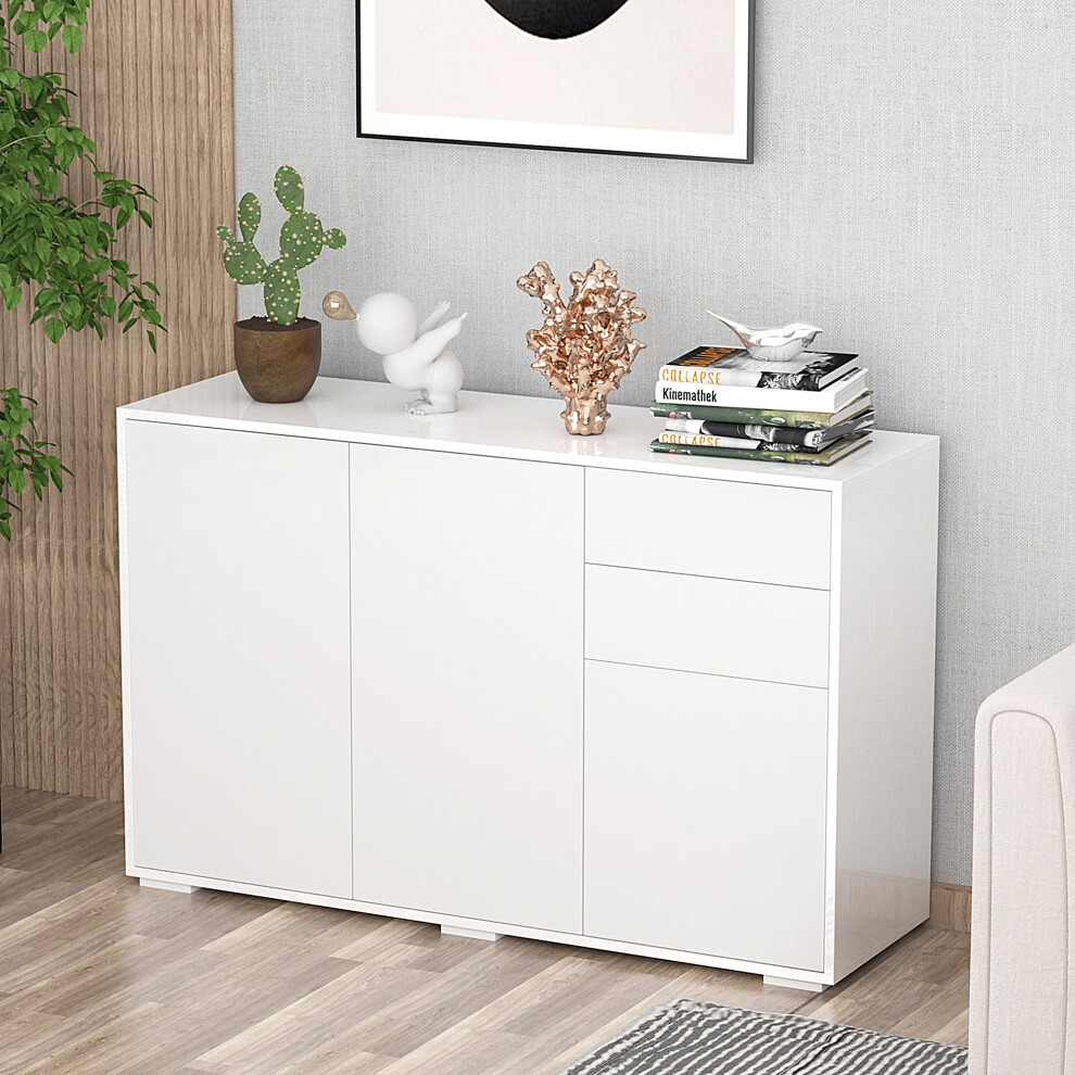 HOMCOM High Gloss Frame Side Cabinet with 2 Door Cabinet and 2 Drawer, White