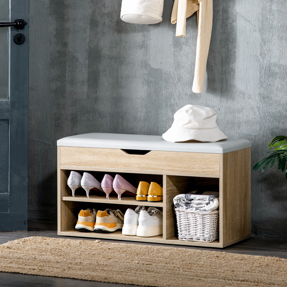 Homcom Sit-On Shoe Storage Unit W/ Hidden Compartment Handles Oak Grey