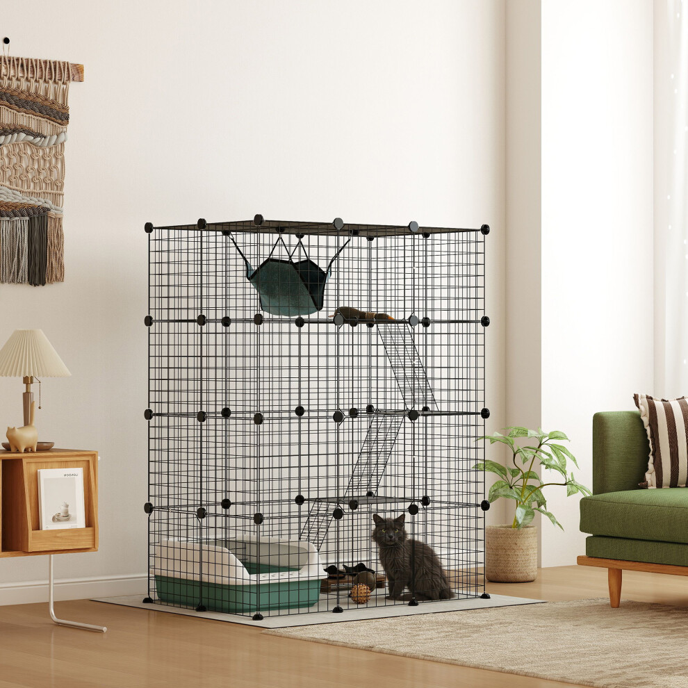 PawHut Four-Tier Indoor Cat Cage, DIY Cat Playpen with Hammock, Ramps