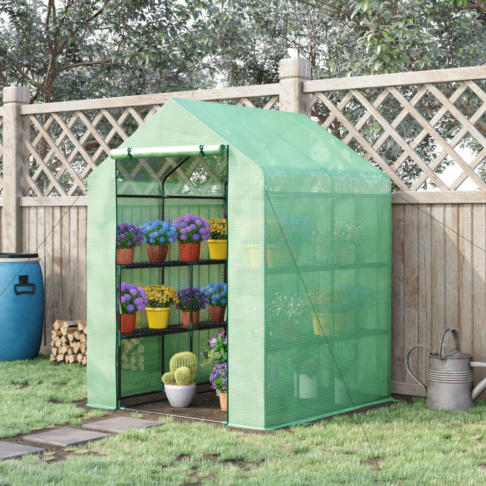 Outsunny Walk in Greenhouse with Shelves for Garden 143x138x190cm Green | Steeple Green House, Grow House, Removable Cover - Image 5