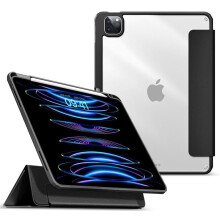 eSTUFF iPad Pro 12.9 2022/2021 -kynäkotelo. Musta etuosa / läpinäkyvä takaosa.