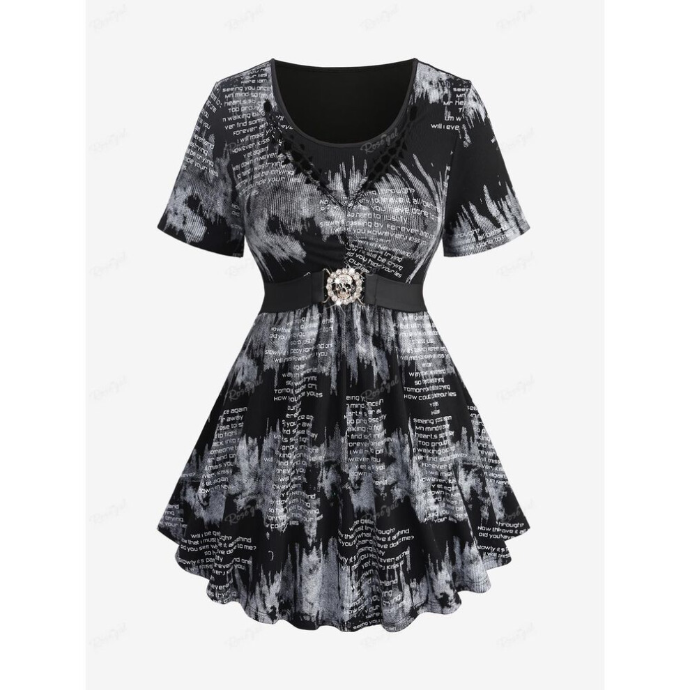 (black, 3XL) Rosegal Plus Size Distressed Tie Dye Newspaper Print Braided Neck Skull Buckle Top