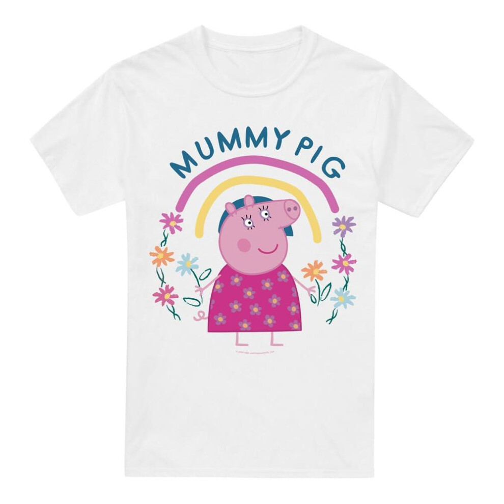 (S, White) Peppa Pig Mens Mummy Pig Floral Rainbow T-Shirt