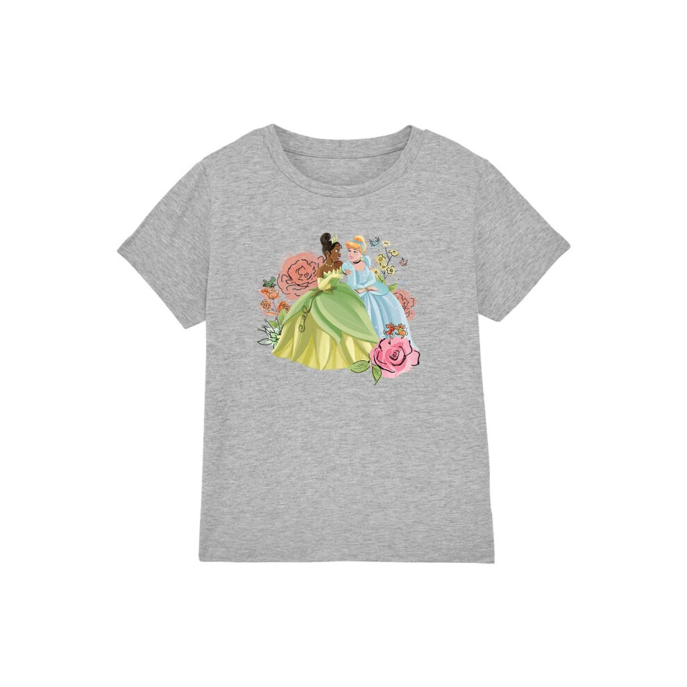 (7-8 Years, Sport Heather) Disney Princess Childrens/Kids In The Garden Tiana And Cinderella T-Shirt