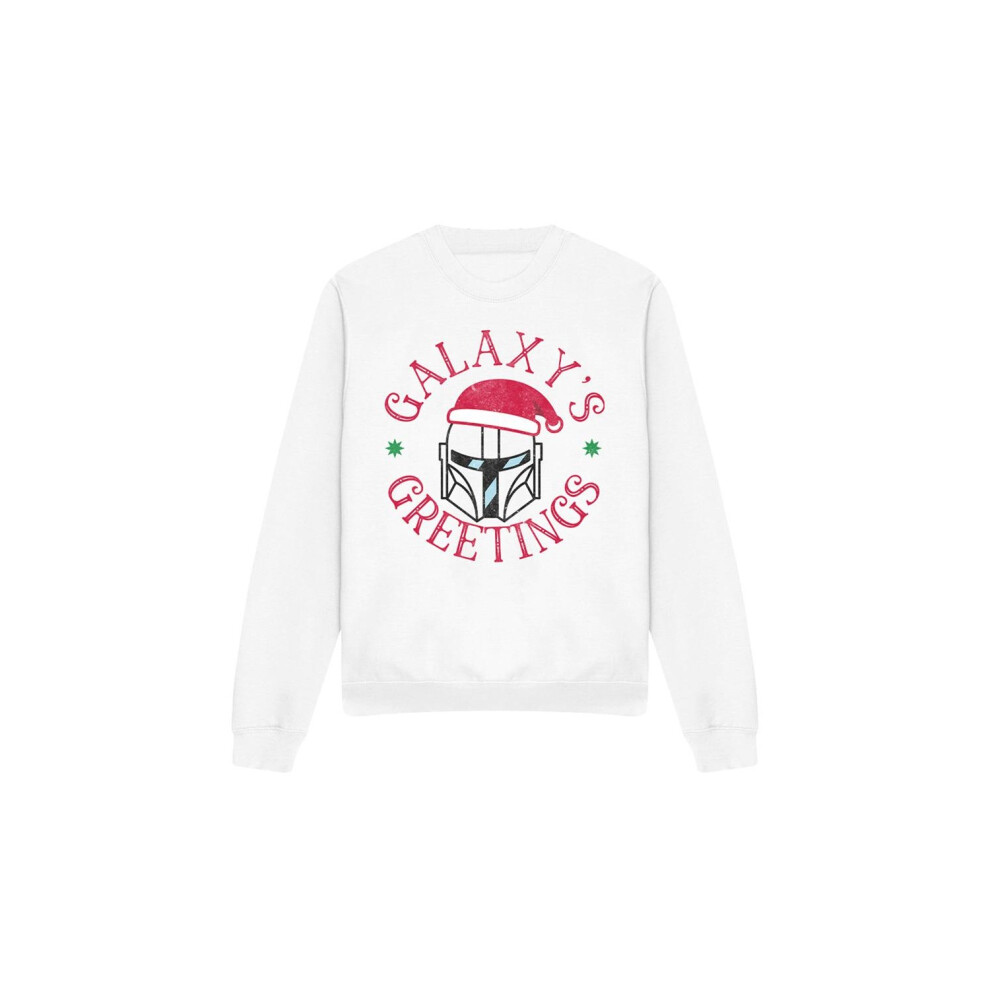 (L, White) Star Wars: The Mandalorian Unisex Adult Galaxy's Greeting Sweatshirt