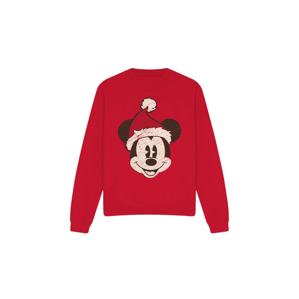 (S, Red) Disney Unisex Adult Mickey Mouse Santa Face Sweatshirt