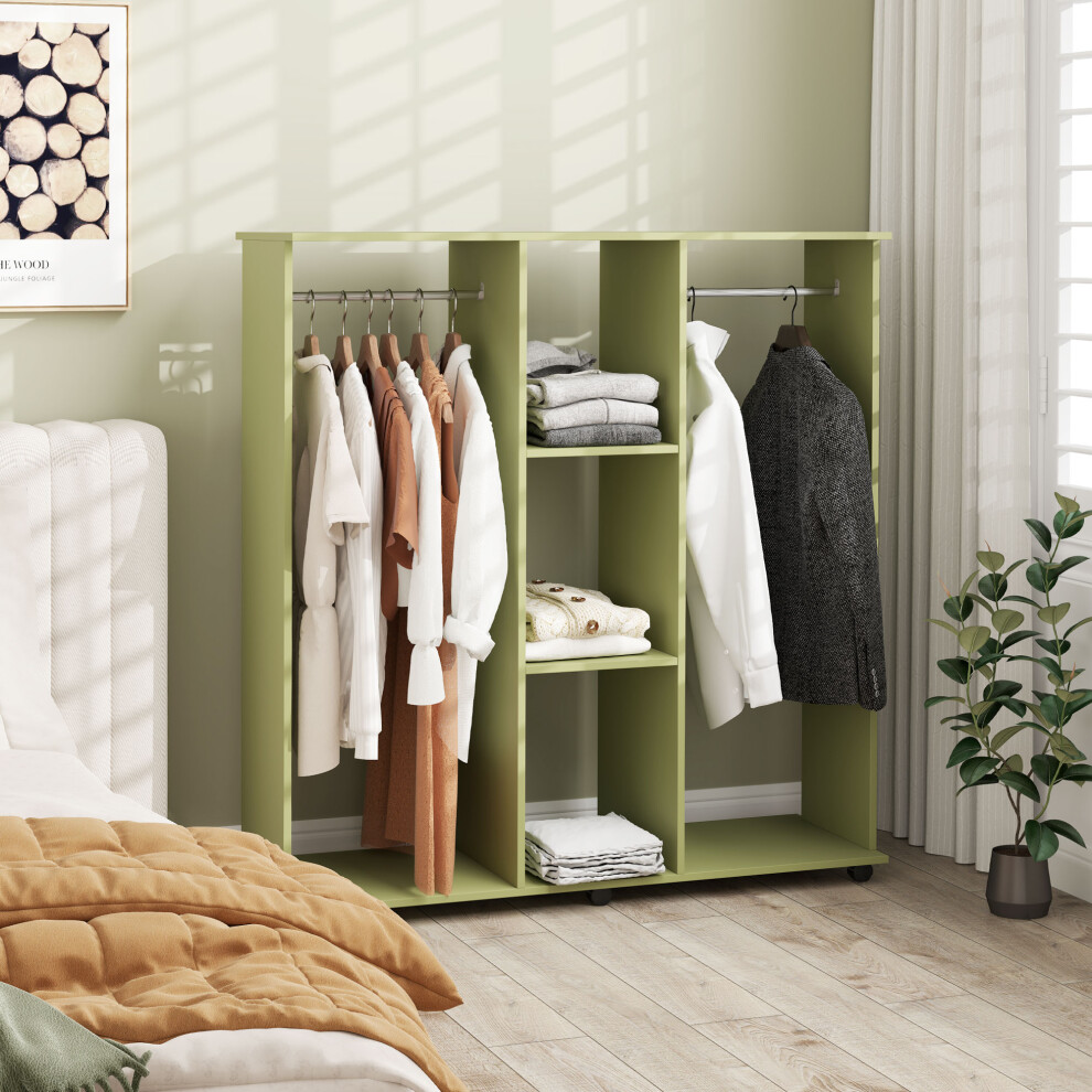HOMCOM Mobile Double Open Wardrobe w/ Clothes Hanging Rail Colthing, Green