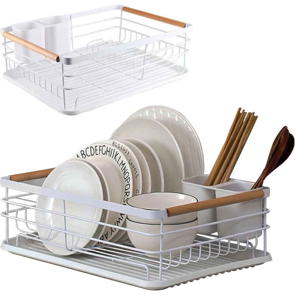 Dish rack drainer Anti-Rust White metal dish drainer rack with dip Tray Separate Cutlery Holder Wooden Handles Dish Drying Counter top Easy Clean