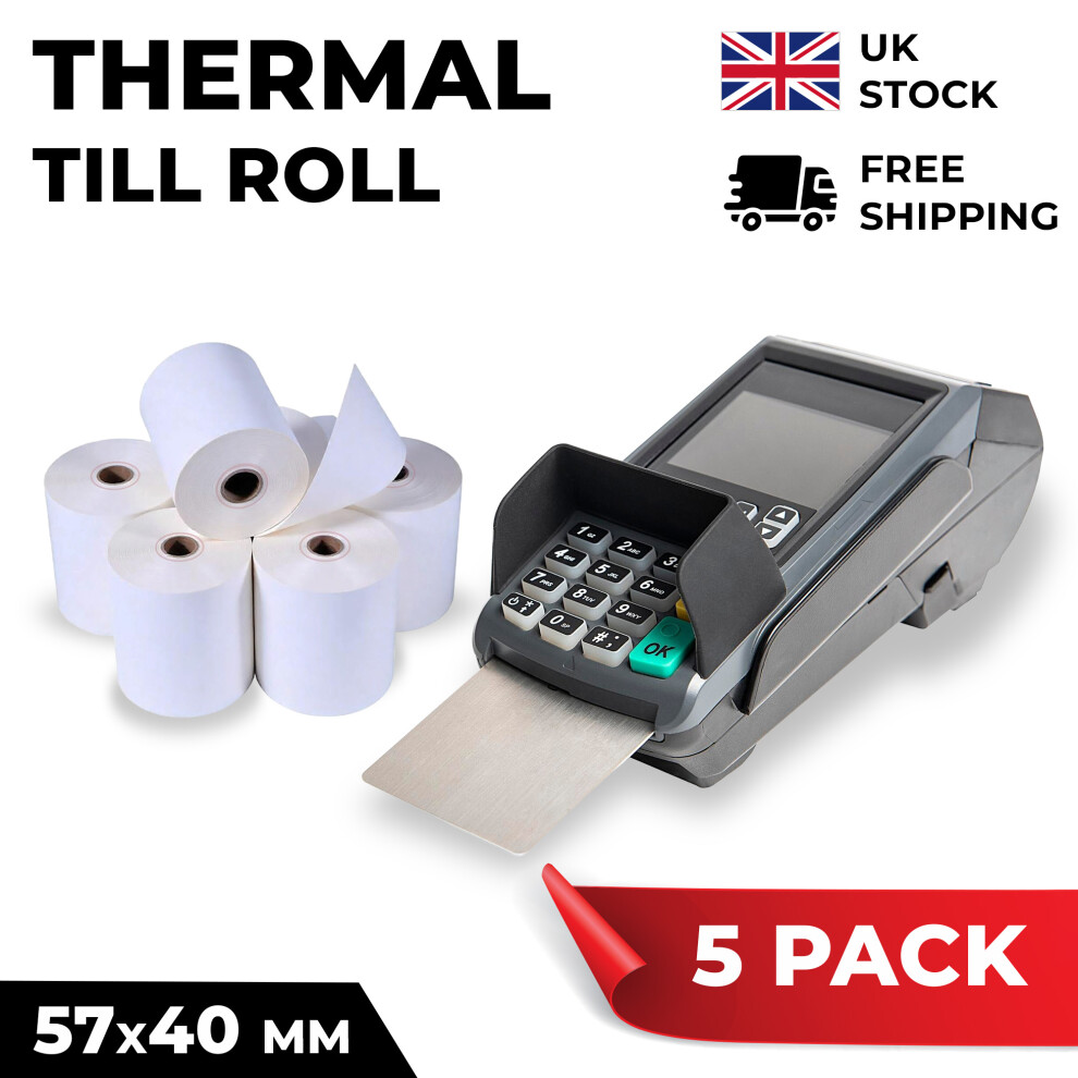 (5 Rolls) 57 x 40mm Thermal Till Rolls PDQ Rolls Credit Card Receipt