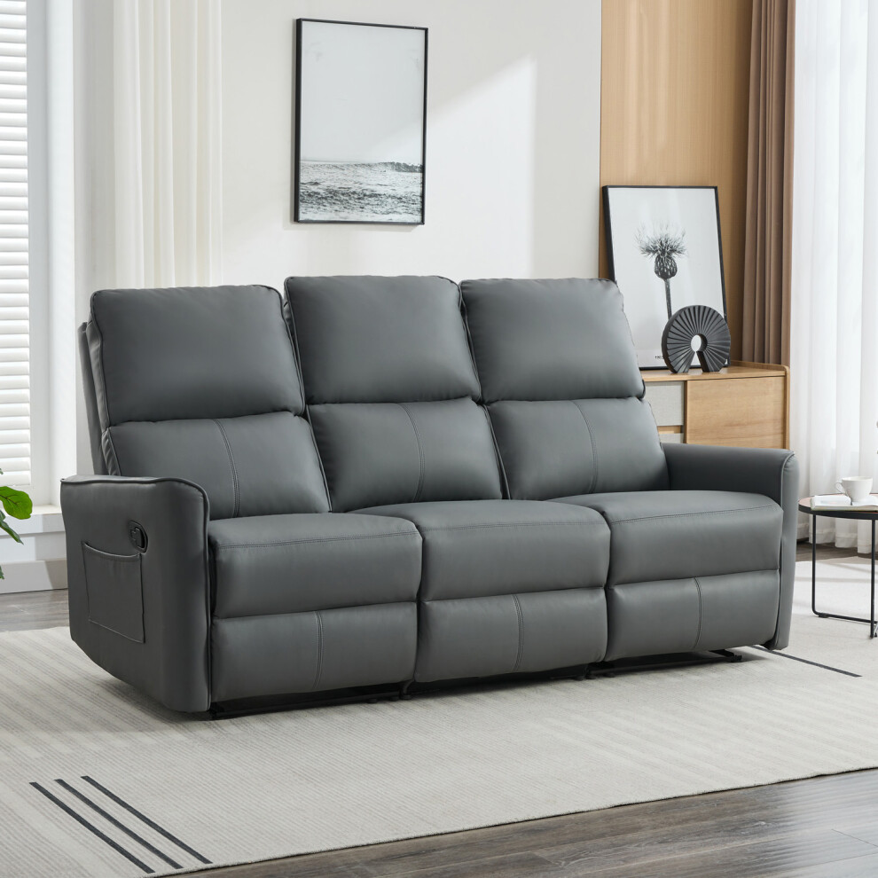 (Grey) MADRID 3 SEATER MANUAL AIR LEATHER RECLINER SOFA